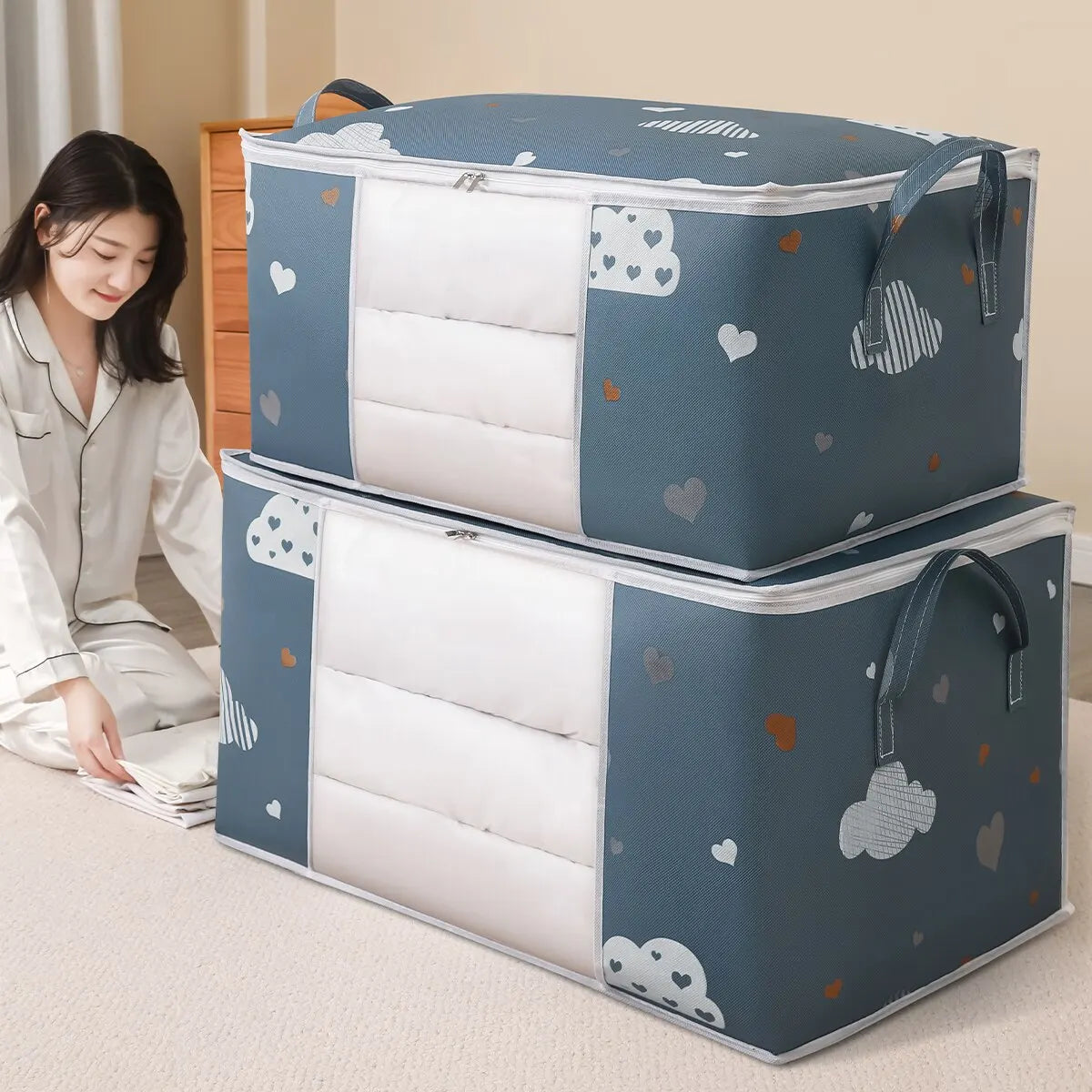 Large Capacity Storage Bag Organizer - Foldable Clothes & Bedding Organizer with Reinforced Handles